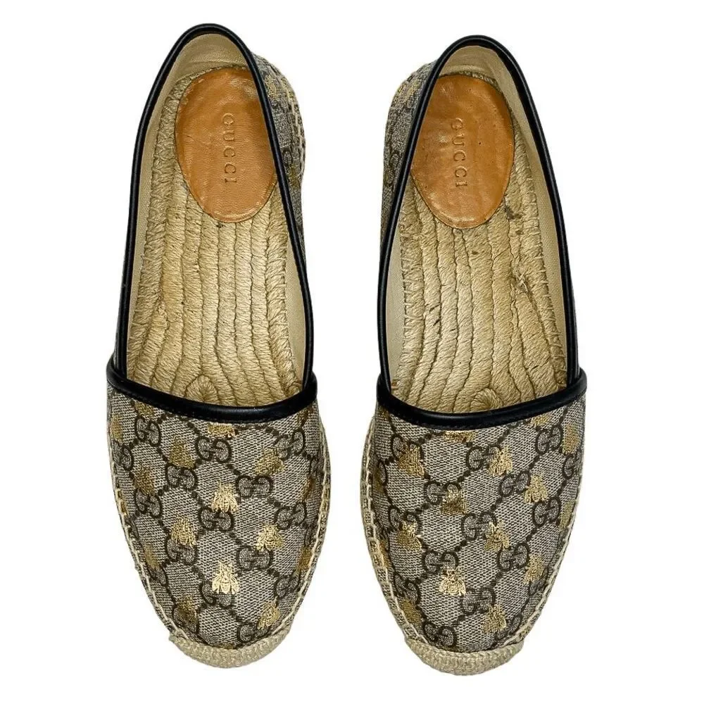 Gucci Pilar Espadrille Flats EU 38.5 US 8.5 GG Supreme Bee Logo Beige Slip Ons